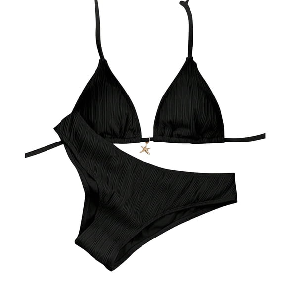 Women's Textured Two Piece Bikini Set Starfish Decor Halter Triangle Top with Tie Side Bottom Removable Padded Ideal Bathing Suit for Summer Beach