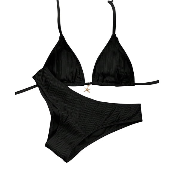 Women's Textured Two Piece Bikini Set Starfish Decor Halter Triangle Top with Tie Side Bottom Removable Padded Ideal Bathing Suit for Summer Beach