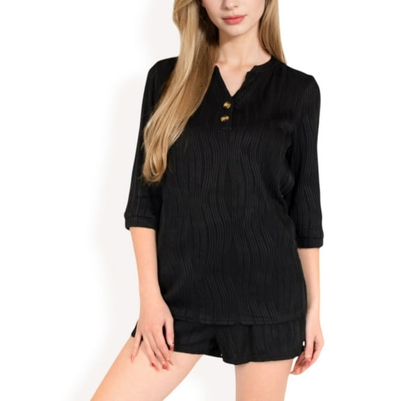 Women's Textured Two-Piece Set with Button-Up Blouse and Drawstring Shorts- Black,Small