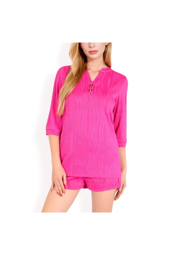 Women's Textured Two-Piece Set with Button-Up Blouse and Drawstring Shorts- Fuchsia,Large