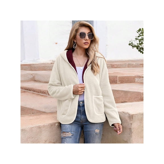 Women's Textured Two Tone Lined Hooded Jacket with Front Pockets and Contrast Trim - Small, White