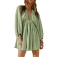 thumbnail image 1 of Women's Textured V Neck Mini Dress with Ruched and Buttoned Details Polyester % for Elegant Everyday Wear All Year, 1 of 15