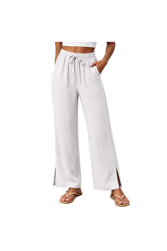 Women's Textured Wide Leg Casual Pants Drawstring Elastic Waist Hem Slit Palazzo Trousers with Pockets Lightweight Loungewear Pants White