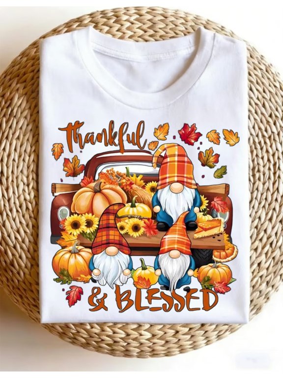 Women's Thankful & Blessed Gnome Fall Graphic T‑Shirt, Vintage Truck Pumpkin Sunflower Maple Leaf Thanksgiving Short‑Sleeve Crew‑Neck Casual Autumn Holiday Tee