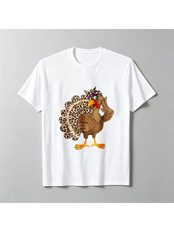 Women's Thanksgiving Leopard Print Turkey Graphic Short‑Sleeve T‑Shirt, Cute Fall Holiday Crew‑Neck Casual Lightweight Autumn Tee, Gift For Thanksgiving Party