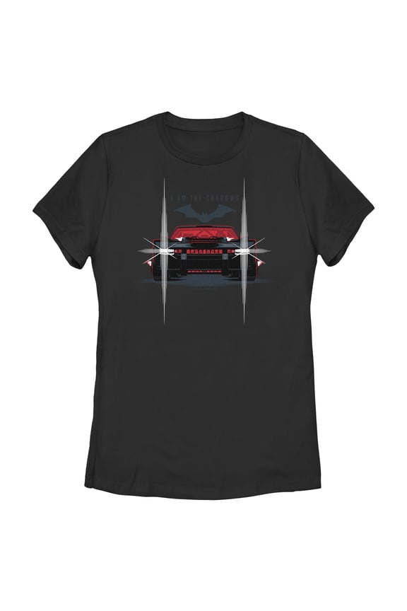 Women's The Batman Batmobile Headlights I Am The Shadows Graphic Tee Black Medium