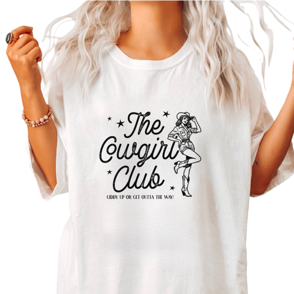 Women's "The Cowgirl Club" Retro Western Graphic Casual T-Shirt Breathable Short Sleeve Round Neck Top White S-5XL