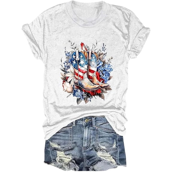 Women's The Flag Print Crew Neck Shirt Independence Day T-Shirt Short Sleeve 4Th of July Outfits for Women