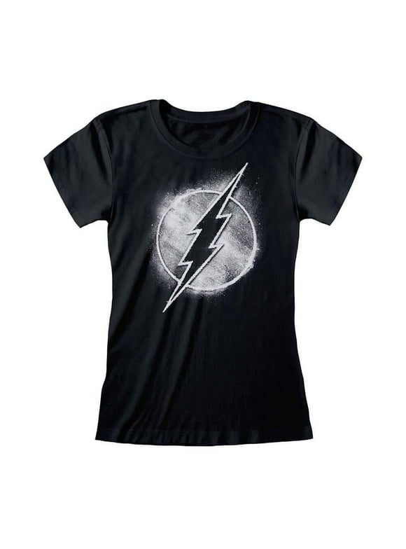 Women's The Flash Distressed Mono Logo Black Fitted T-Shirt - Adult Crew Neck Tee: X Large