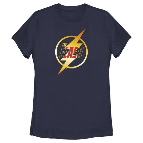 Women's The Flash Gold Lightning Emblem  Graphic Tee Navy Blue Large