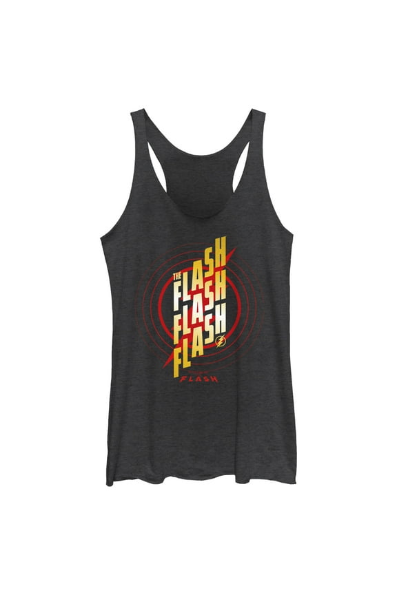 Women's The Flash Triple Gold Logo  Racerback Tank Top Black Heather X Small