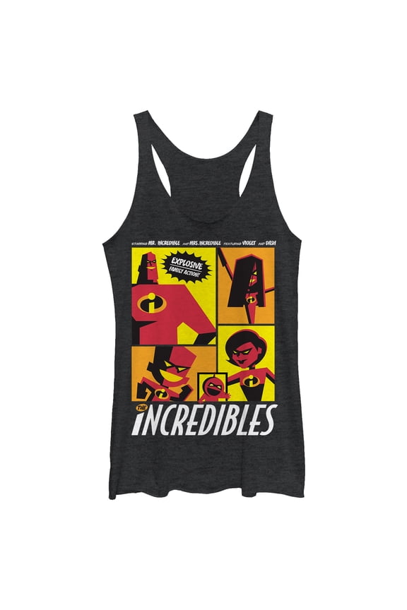 Women's The Incredibles Starring Explosive Family Action Racerback Tank Top Black Heather Medium