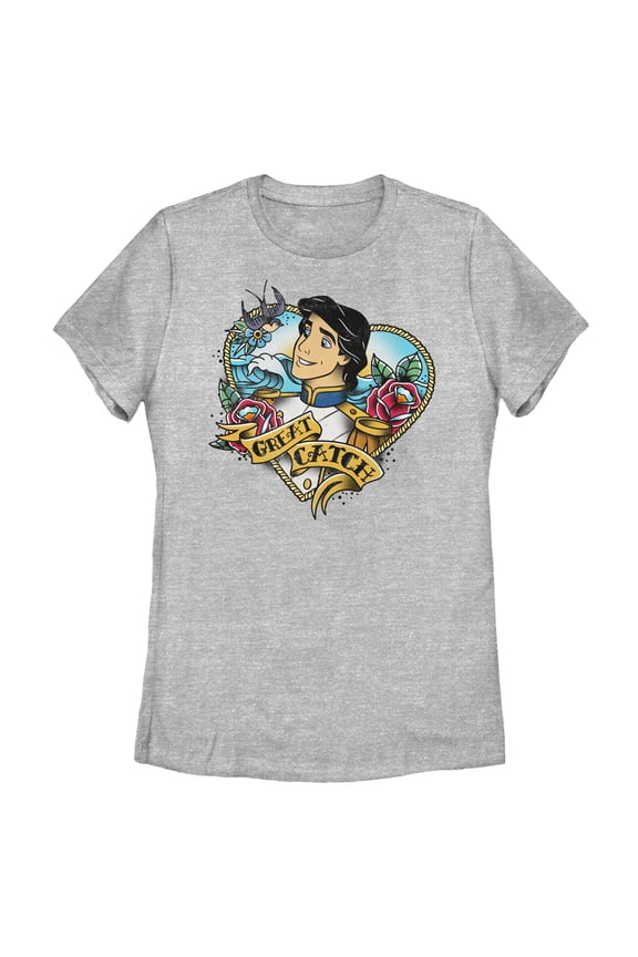 Women's The Little Mermaid Prince Eric Great Catch Tattoo Graphic Tee Athletic Heather Large