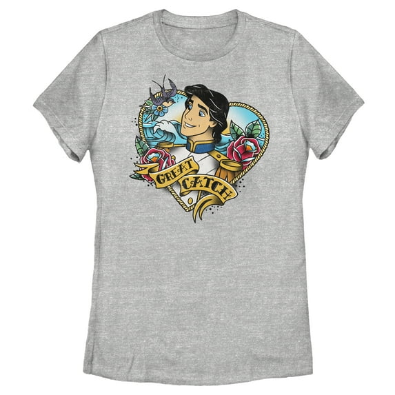 Women's The Little Mermaid Prince Eric Great Catch Tattoo Graphic Tee Athletic Heather Small