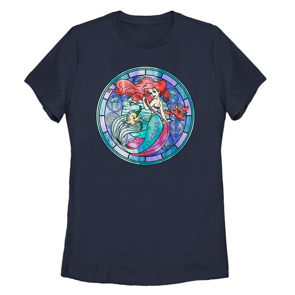 Women's The Little Mermaid Stained Glass  Graphic Tee Navy Blue Medium