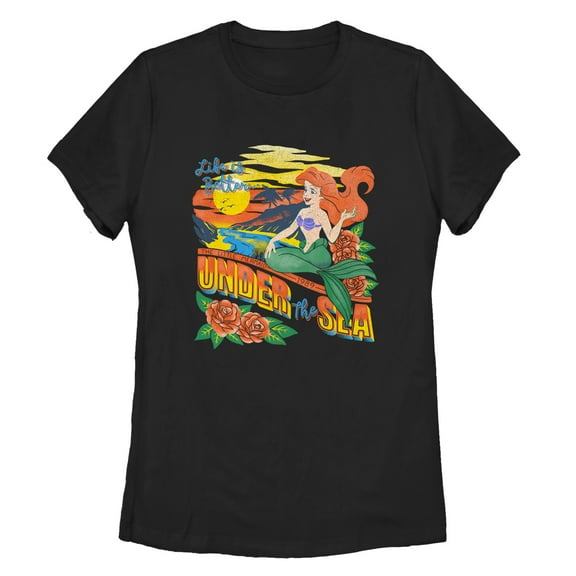 Women's The Little Mermaid Tropical Life  Graphic Tee Black Large