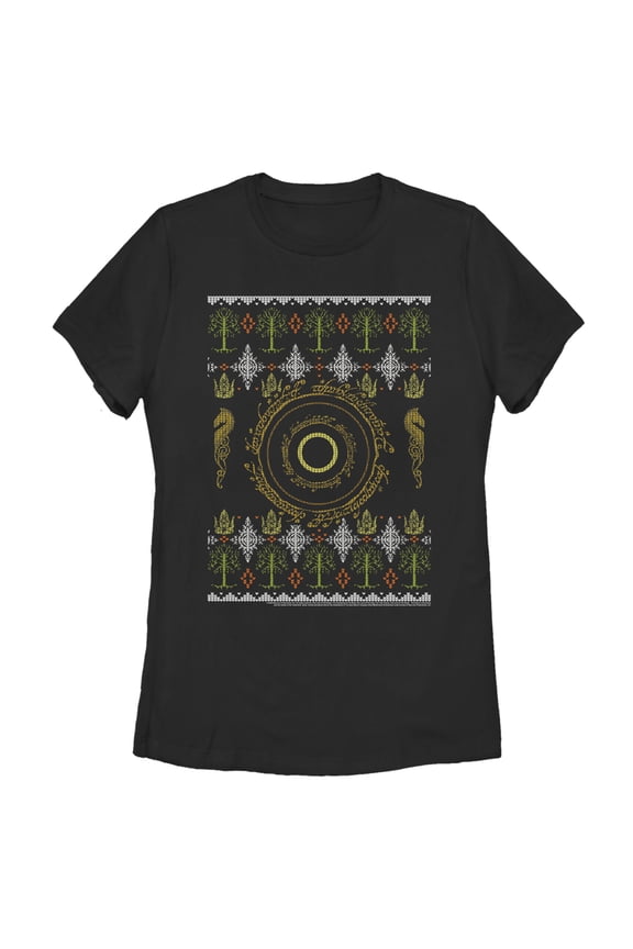 Women's The Lord of the Rings Fellowship of the Ring Christmas Sweater Ring Graphic Tee Black X Large