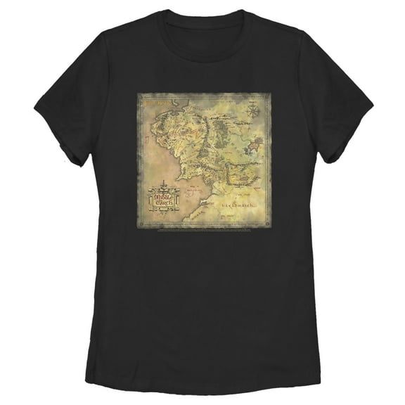 Women's The Lord of the Rings Fellowship of the Ring Map of Middle Earth  Graphic Tee Black X Large