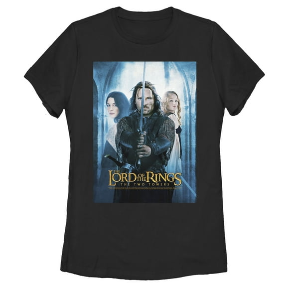 Women's The Lord of the Rings Two Towers Aragorn Arwen and Galadriel Logo  Graphic Tee Black Medium