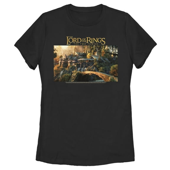 Women's The Lord of the Rings Two Towers Rivendell Scene  Graphic Tee Black X Large