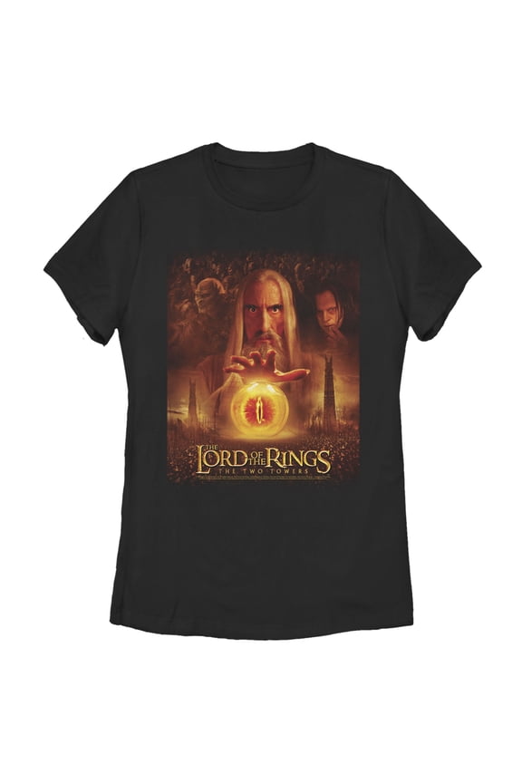 Women's The Lord of the Rings Two Towers Saruman and the Eye of Sauron Graphic Tee Black 2X Large