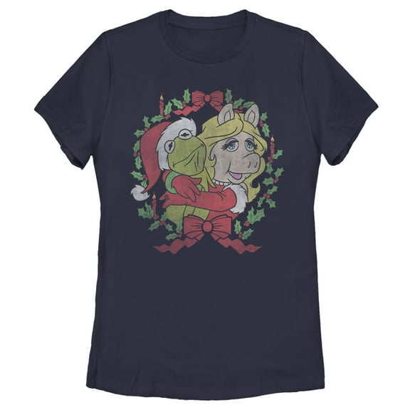 Women's The Muppets Christmas Kermit and Piggy Hug  Graphic Tee Navy Blue Large