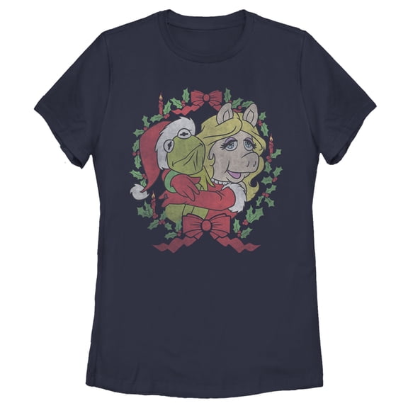 Women's The Muppets Christmas Kermit and Piggy Hug Graphic Tee Navy Blue Small