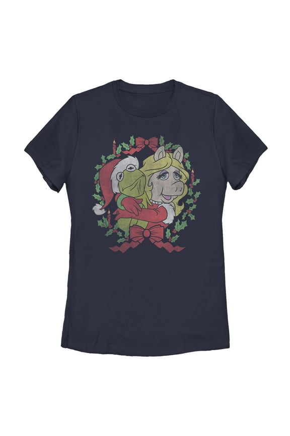 Women's The Muppets Christmas Kermit and Piggy Hug Graphic Tee Navy Blue X Large
