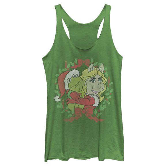 Women's The Muppets Christmas Kermit and Piggy Hug Racerback Tank Top Envy Green X Small