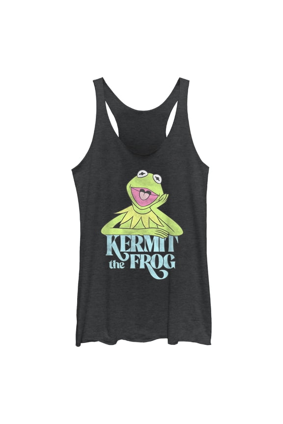 Women's The Muppets Kermit the Frog Distressed Racerback Tank Top Black Heather 2X Large