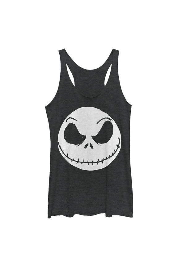 Women's The Nightmare Before Christmas Halloween Jack Skellington Big Face Racerback Tank Top Black Heather 2X Large