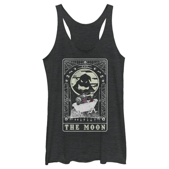 Women's The Nightmare Before Christmas Halloween Oogie Boogie and his Boys Moon Tarot Card Racerback Tank Top Black Heather Medium