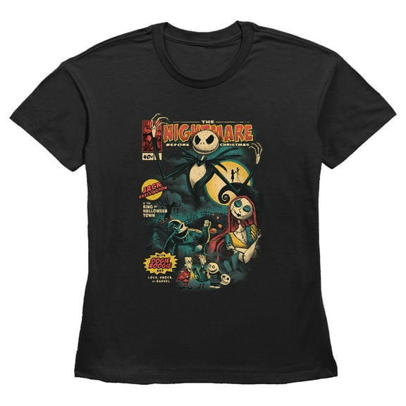 Women's The Nightmare Before Christmas Jack and Sally Comic Cover  Graphic Tee Black Medium