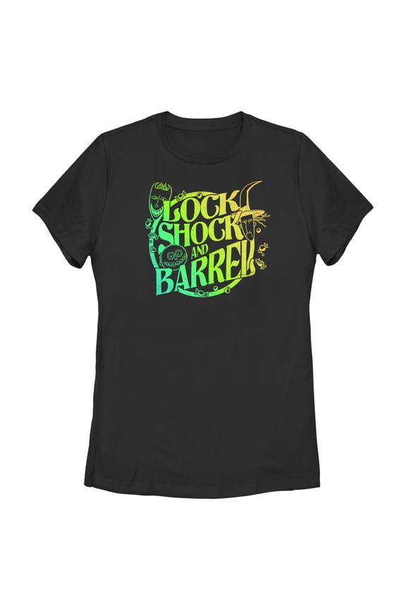 Women's The Nightmare Before Christmas Lock, Shock, and Barrel Neon Circle Graphic Tee Black Medium
