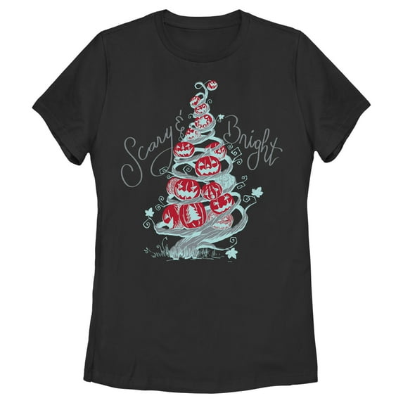 Women's The Nightmare Before Christmas Scary & Bright Tree Graphic Tee Black Medium