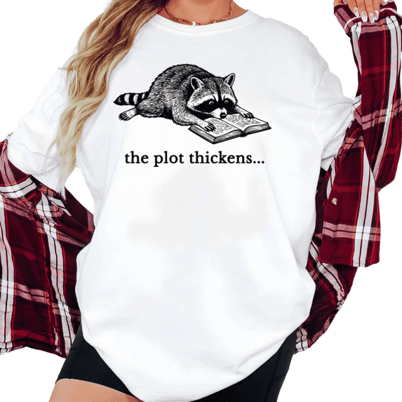 Women's The Plot Thickens Raccoon T Shirt Funny Book Lover Print Cute Wildlife Literary Short Sleeve Round Neck Top White S-5XL
