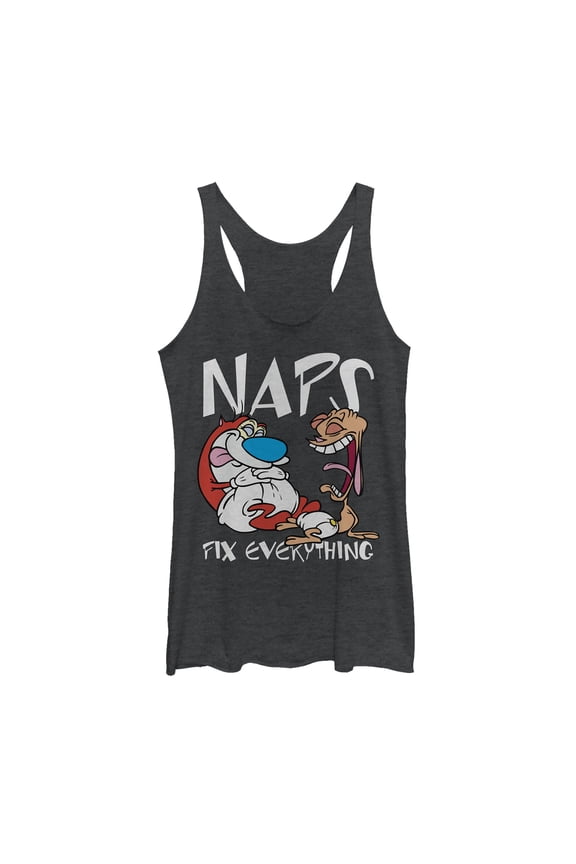 Women's The Ren & Stimpy Show Naps Fix Everything Racerback Tank Top Black Heather X Large