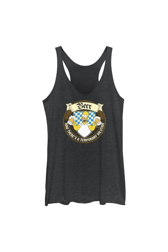 Women's The Simpsons Homer Beer Now There's a Temporary Solution Racerback Tank Top Black Heather X Large
