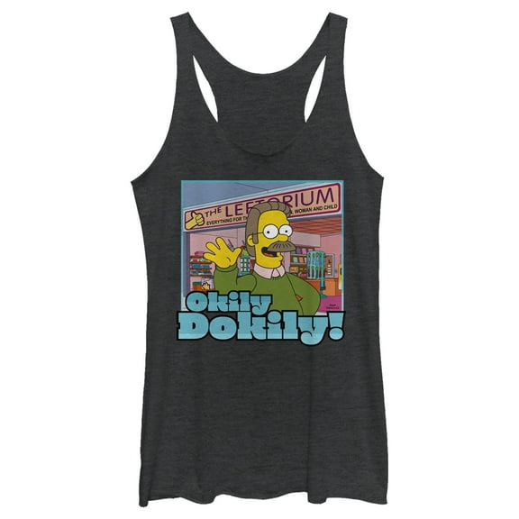 Women's The Simpsons Ned Flanders Leftorium Okily Dokily  Racerback Tank Top Black Heather Medium