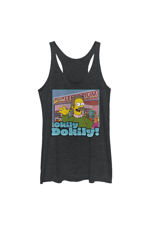 Women's The Simpsons Ned Flanders Leftorium Okily Dokily  Racerback Tank Top Black Heather Small