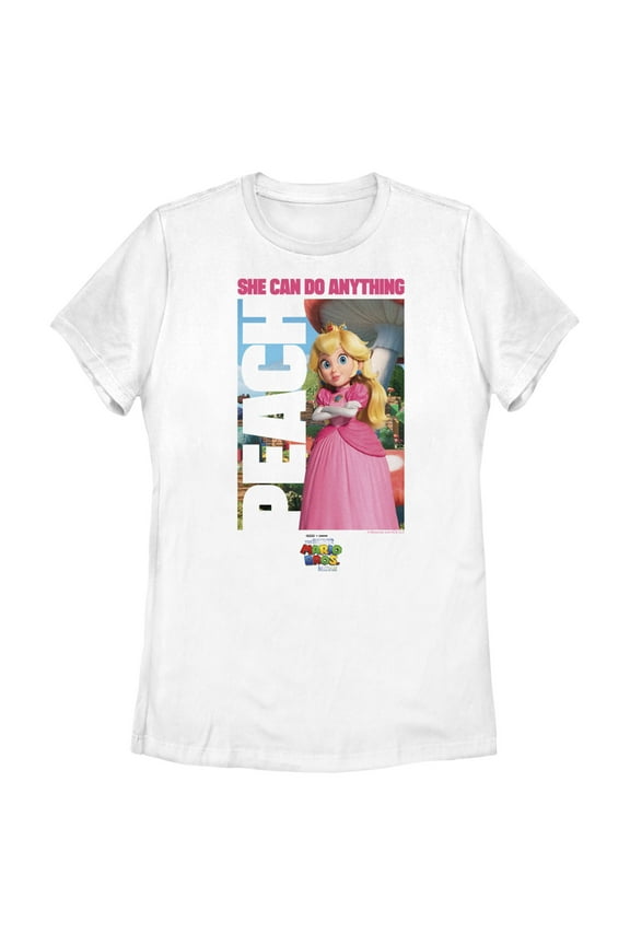 Women's The Super Mario Bros. Movie Peach She Can Do Anything Poster  Graphic Tee White 2X Large