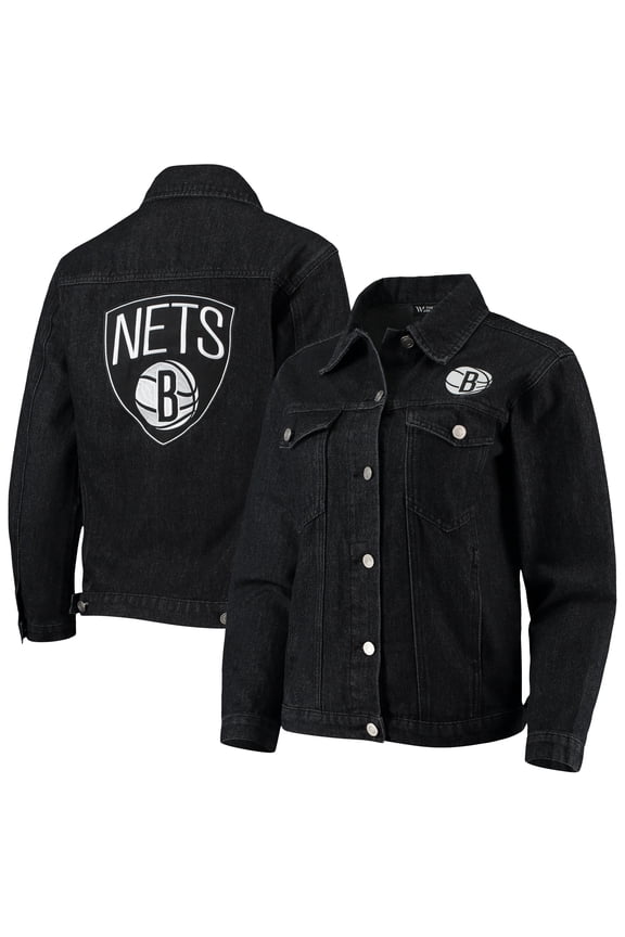 Women's The Wild Collective Black Brooklyn Nets Patch Denim Button-Up Jacket