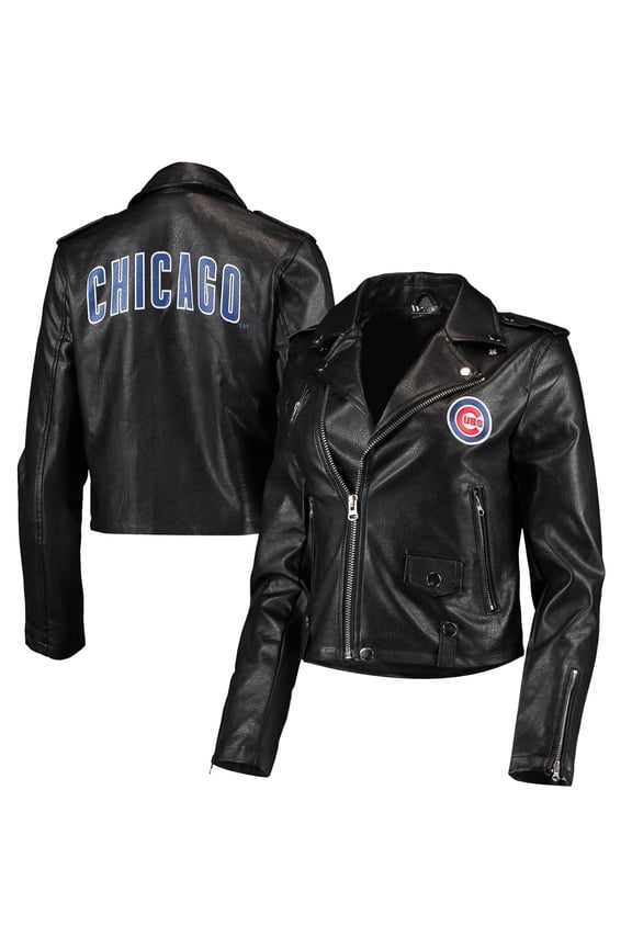 Women's The Wild Collective Black Chicago Cubs Faux Leather Moto Full-Zip Jacket