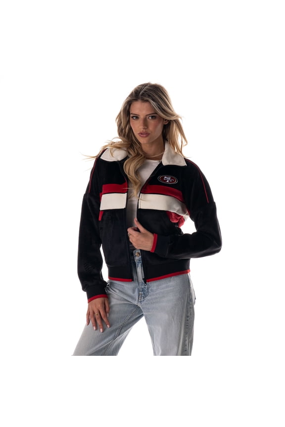 Women's The Wild Collective Black San Francisco 49ers Cropped Corduroy Full-Zip Bomber Jacket