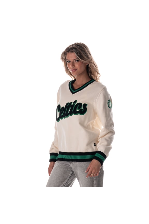 Women's The Wild Collective Cream Boston Celtics Jacquard V-Neck Sweater