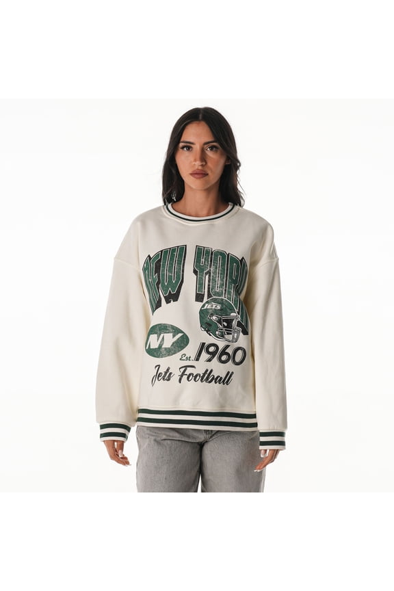 Women's The Wild Collective Cream New York Jets Oversized Vintage French Terry Sweatshirt