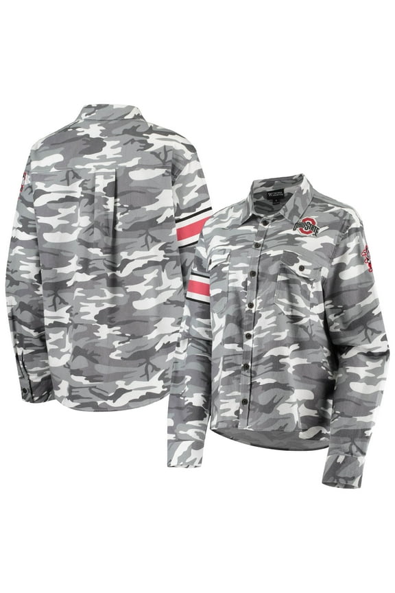 Women's The Wild Collective Gray Ohio State Buckeyes Camo Flannel Button-Up Long Sleeve Shirt