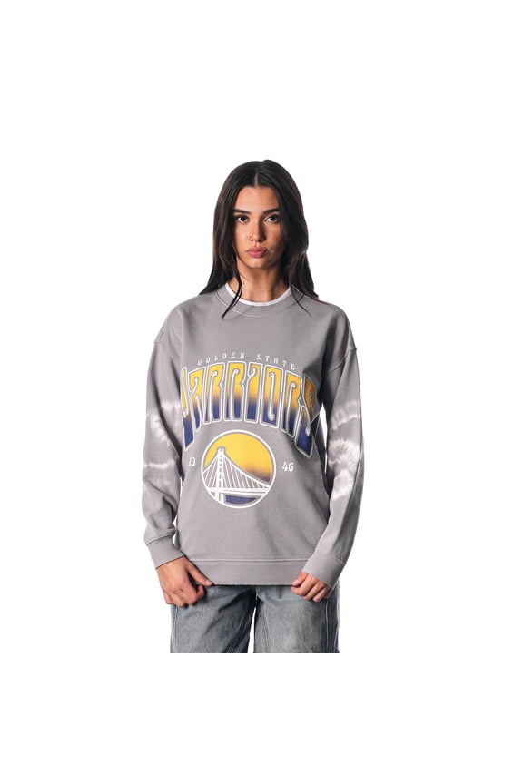 Women's The Wild Collective Heather Gray Golden State Warriors Bleached Tie-Dye Pullover Sweatshirt