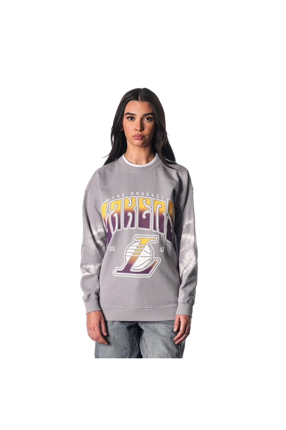 Women's The Wild Collective Heather Gray Los Angeles Lakers Bleached Tie-Dye Pullover Sweatshirt