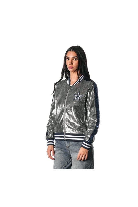 Women's The Wild Collective Silver Dallas Cowboys Sequin Full-Zip Bomber Jacket
